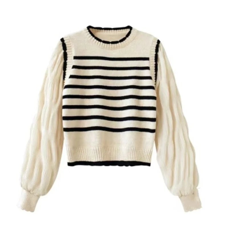 Women's French - Style Faux Two - Piece Puff Sleeve Knit Top 2025 Spring New Striped Patchwork Short Round - Neck Slimming Blouse - Zeprah