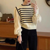 Women's French - Style Faux Two - Piece Puff Sleeve Knit Top 2025 Spring New Striped Patchwork Short Round - Neck Slimming Blouse - Zeprah
