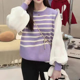 Women's French - Style Faux Two - Piece Puff Sleeve Knit Top 2025 Spring New Striped Patchwork Short Round - Neck Slimming Blouse - Zeprah