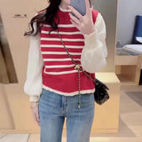 Women's French - Style Faux Two - Piece Puff Sleeve Knit Top 2025 Spring New Striped Patchwork Short Round - Neck Slimming Blouse - Zeprah