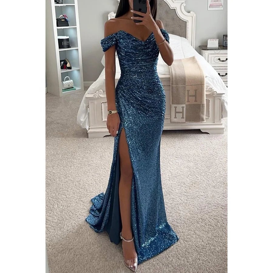 Women's Gold Mermaid Sequined Evening Party Dress Bling Prom Gown Off Shoulder Formal Wear for Summer Seasons Long Dress - Zeprah