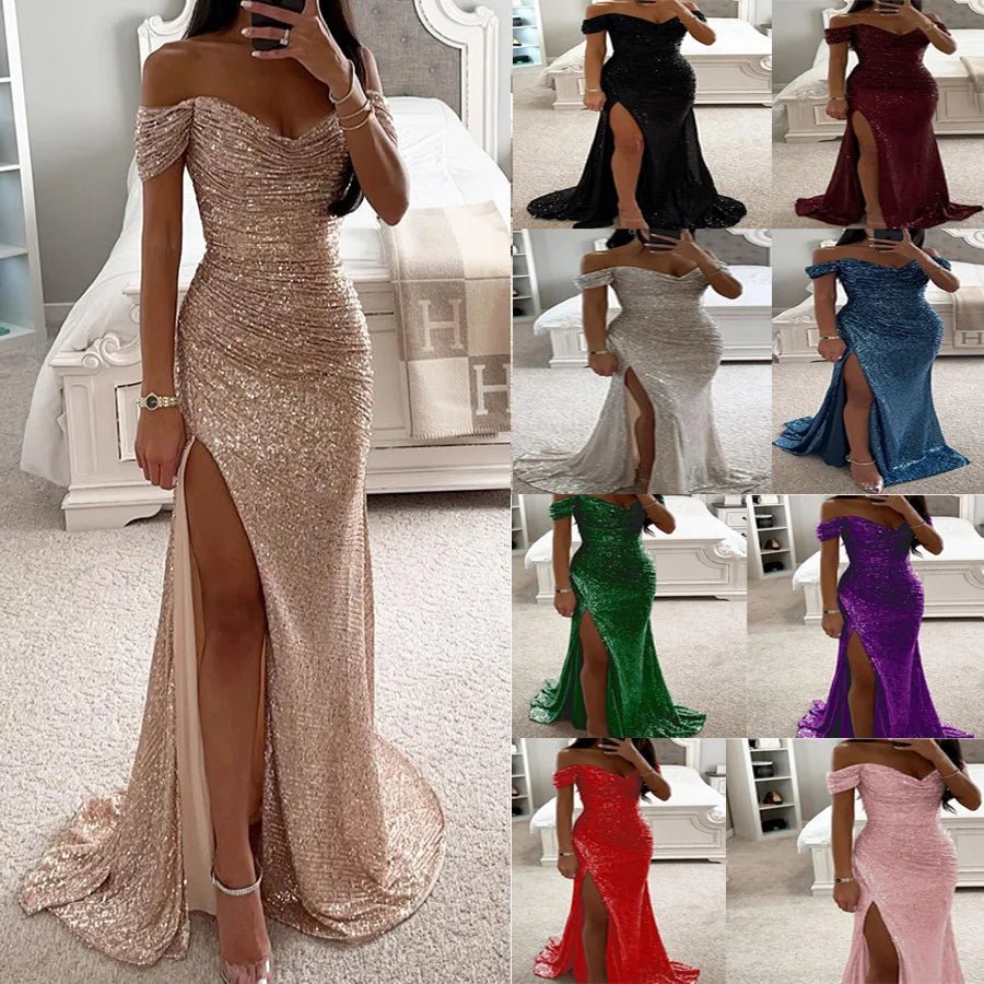 Women's Gold Mermaid Sequined Evening Party Dress Bling Prom Gown Off Shoulder Formal Wear for Summer Seasons Long Dress - Zeprah
