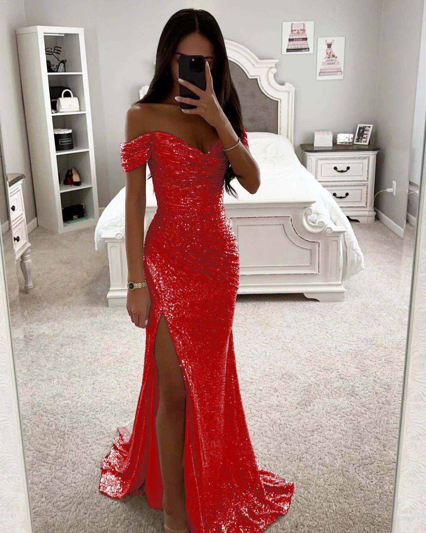 Women's Gold Mermaid Sequined Evening Party Dress Bling Prom Gown Off Shoulder Formal Wear for Summer Seasons Long Dress - Zeprah