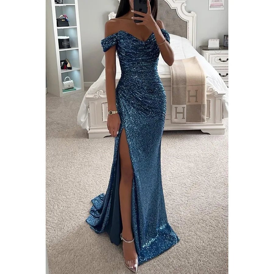 Women's Gold Mermaid Sequined Evening Party Dress Bling Prom Gown Off Shoulder Formal Wear for Summer Seasons Long Dress - Zeprah