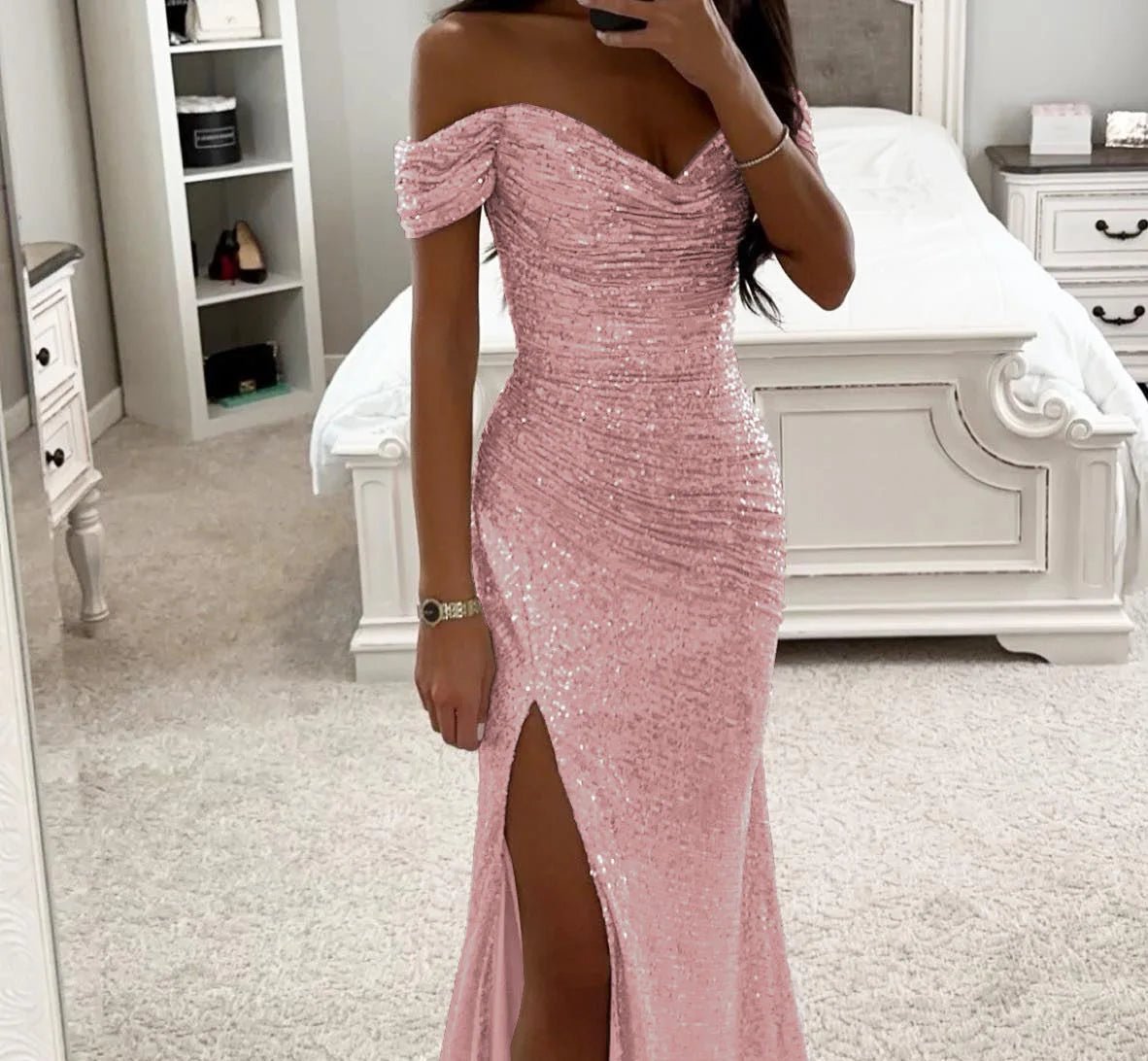 Women's Gold Mermaid Sequined Evening Party Dress Bling Prom Gown Off Shoulder Formal Wear for Summer Seasons Long Dress - Zeprah