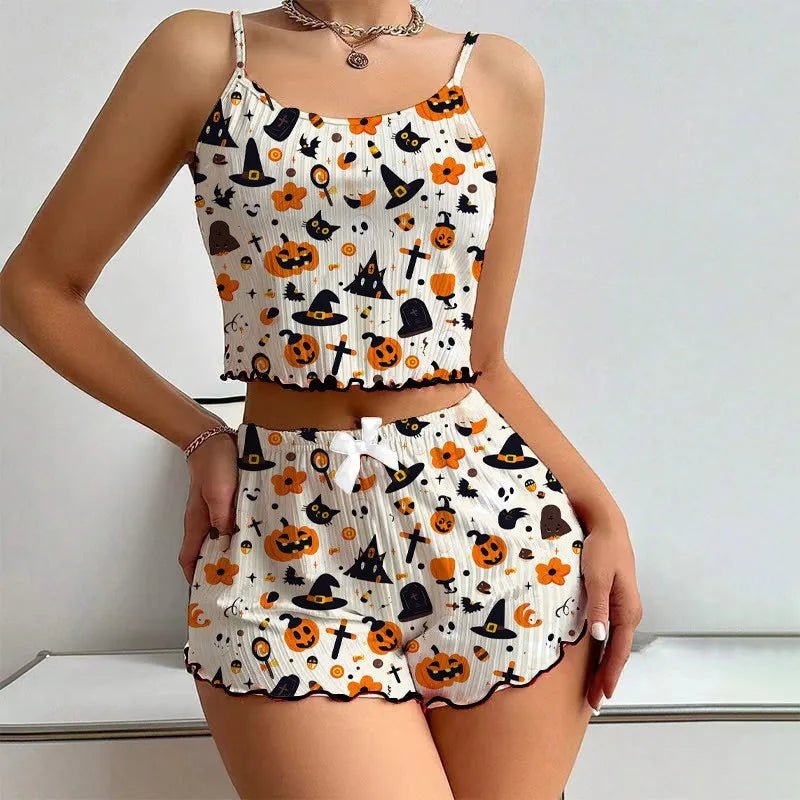 Women's Halloween Printed Sleeveless Camisole Top Set Sexy Short Camisole Shorts Breathable Elastic Waist Autumn Women's Pajamas - Zeprah
