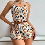 Women's Halloween Printed Sleeveless Camisole Top Set Sexy Short Camisole Shorts Breathable Elastic Waist Autumn Women's Pajamas - Zeprah