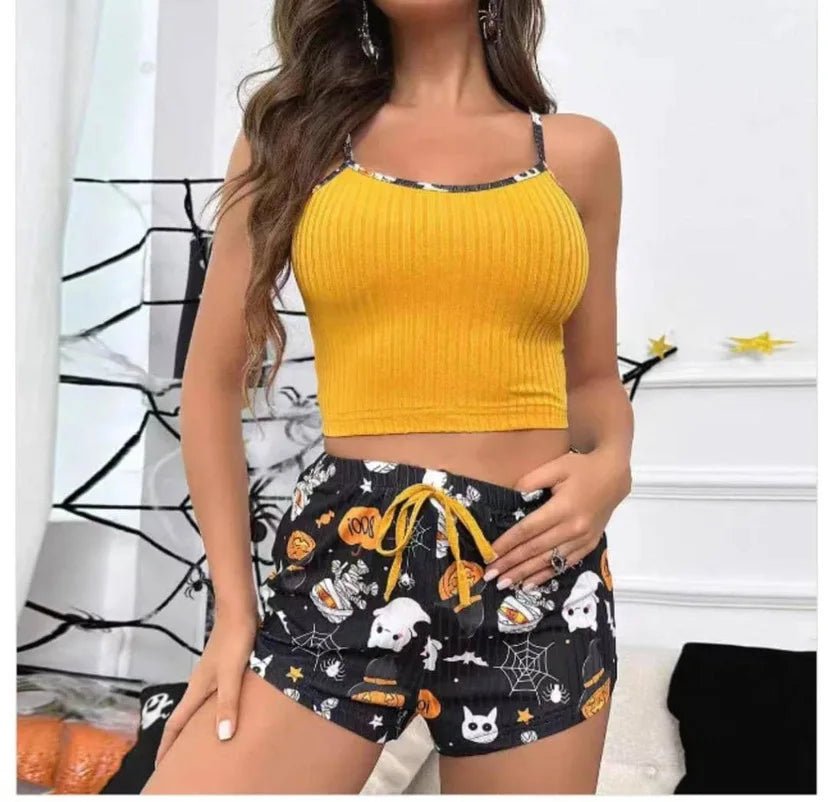 Women's Halloween Printed Sleeveless Camisole Top Set Sexy Short Camisole Shorts Breathable Elastic Waist Autumn Women's Pajamas - Zeprah