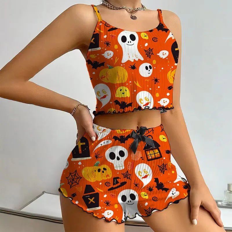 Women's Halloween Printed Sleeveless Camisole Top Set Sexy Short Camisole Shorts Breathable Elastic Waist Autumn Women's Pajamas - Zeprah
