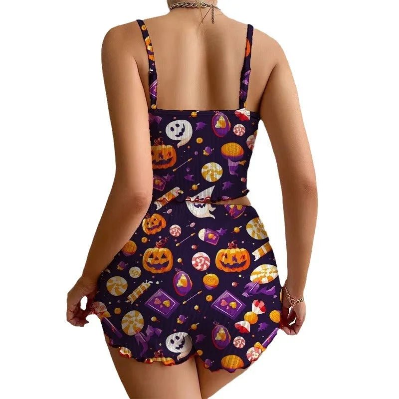Women's Halloween Printed Sleeveless Camisole Top Set Sexy Short Camisole Shorts Breathable Elastic Waist Autumn Women's Pajamas - Zeprah