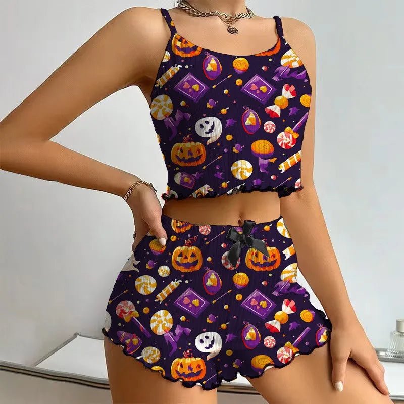 Women's Halloween Printed Sleeveless Camisole Top Set Sexy Short Camisole Shorts Breathable Elastic Waist Autumn Women's Pajamas - Zeprah