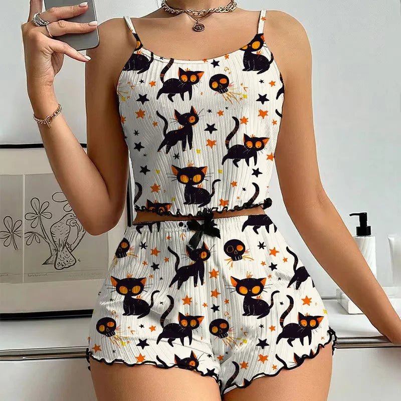 Women's Halloween Printed Sleeveless Camisole Top Set Sexy Short Camisole Shorts Breathable Elastic Waist Autumn Women's Pajamas - Zeprah