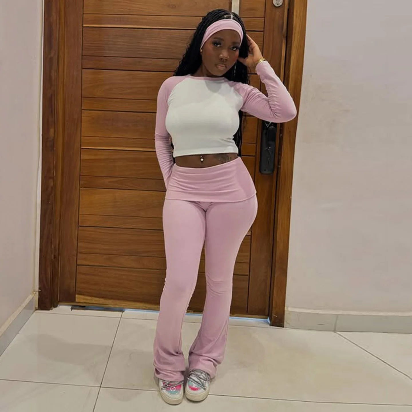 Women's High Stretch Contrast Color Yoga Set 3 - Piece with Fold Over Flared Pants Long Sleeve Top and Headband for Gym and Lounge - Zeprah