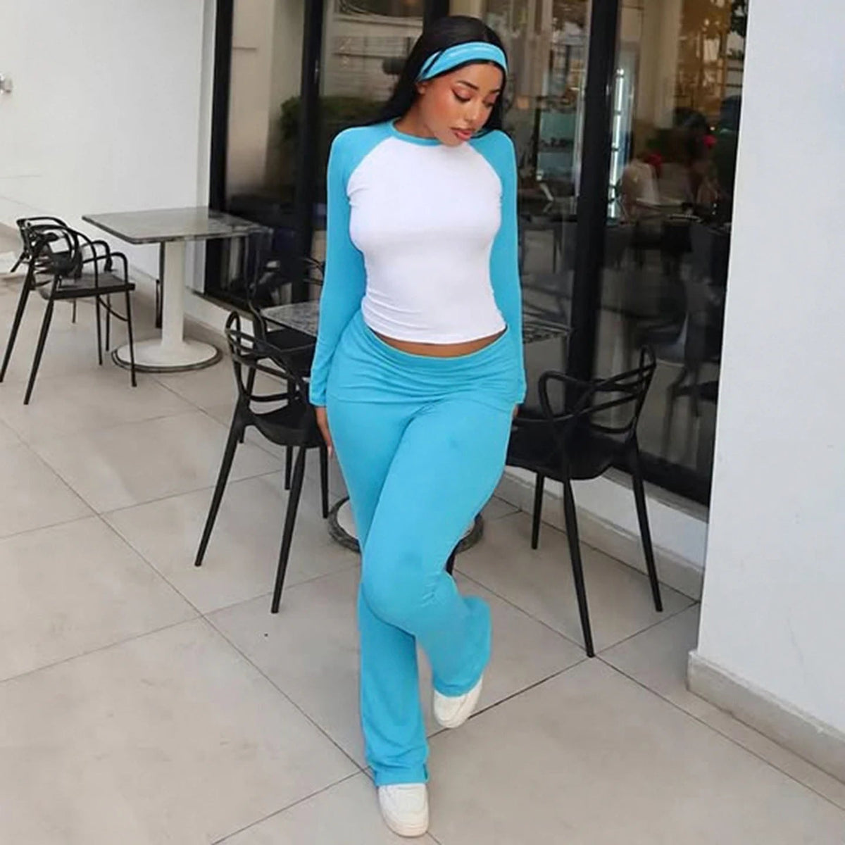 Women's High Stretch Contrast Color Yoga Set 3 - Piece with Fold Over Flared Pants Long Sleeve Top and Headband for Gym and Lounge - Zeprah