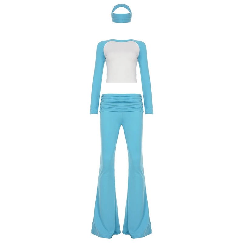 Women's High Stretch Contrast Color Yoga Set 3 - Piece with Fold Over Flared Pants Long Sleeve Top and Headband for Gym and Lounge - Zeprah