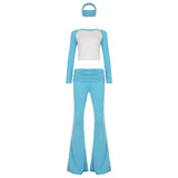 Women's High Stretch Contrast Color Yoga Set 3 - Piece with Fold Over Flared Pants Long Sleeve Top and Headband for Gym and Lounge - Zeprah