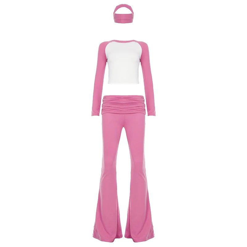 Women's High Stretch Contrast Color Yoga Set 3 - Piece with Fold Over Flared Pants Long Sleeve Top and Headband for Gym and Lounge - Zeprah