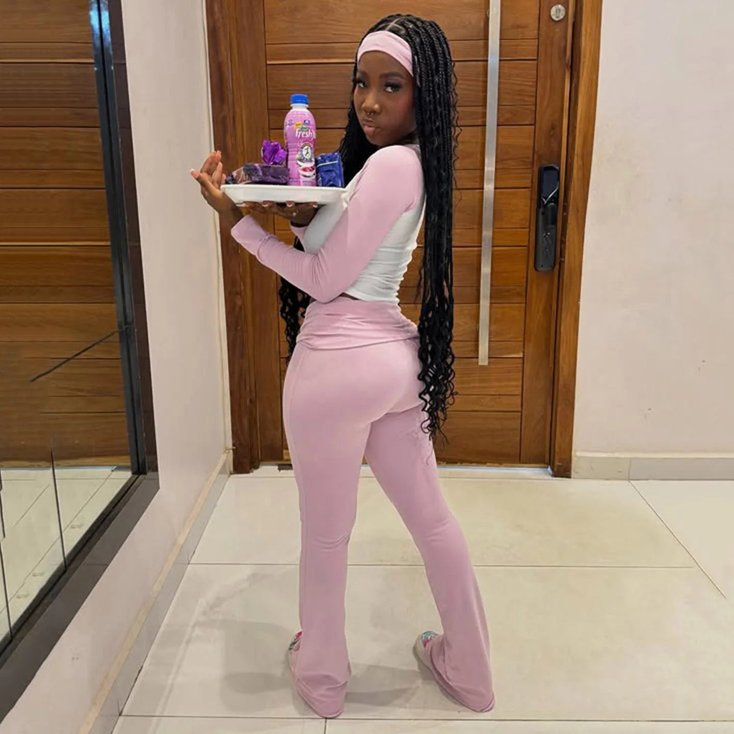 Women's High Stretch Contrast Color Yoga Set 3 - Piece with Fold Over Flared Pants Long Sleeve Top and Headband for Gym and Lounge - Zeprah