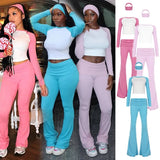 Women's High Stretch Contrast Color Yoga Set 3 - Piece with Fold Over Flared Pants Long Sleeve Top and Headband for Gym and Lounge - Zeprah