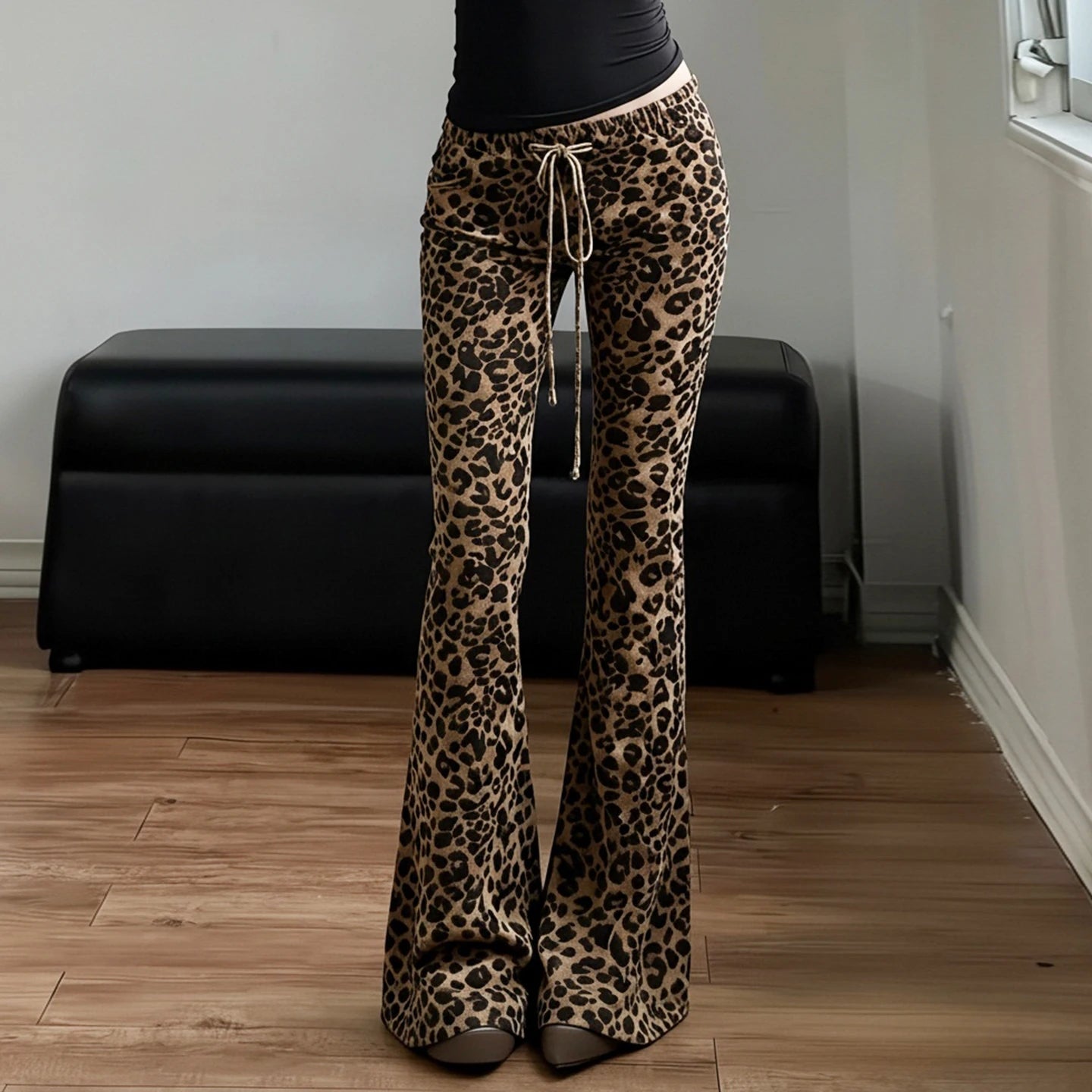 Women's High Waist Loose Flare Pants Leopard Print Lace Design - Colored Wash Flat Front Sexy Bootcut Eco - Friendly Casual - Zeprah