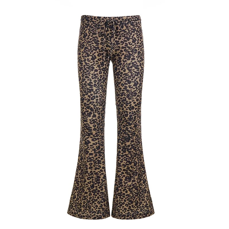 Women's High Waist Loose Flare Pants Leopard Print Lace Design - Colored Wash Flat Front Sexy Bootcut Eco - Friendly Casual - Zeprah