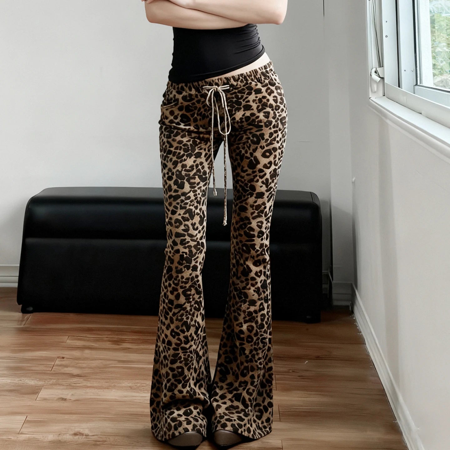 Women's High Waist Loose Flare Pants Leopard Print Lace Design - Colored Wash Flat Front Sexy Bootcut Eco - Friendly Casual - Zeprah