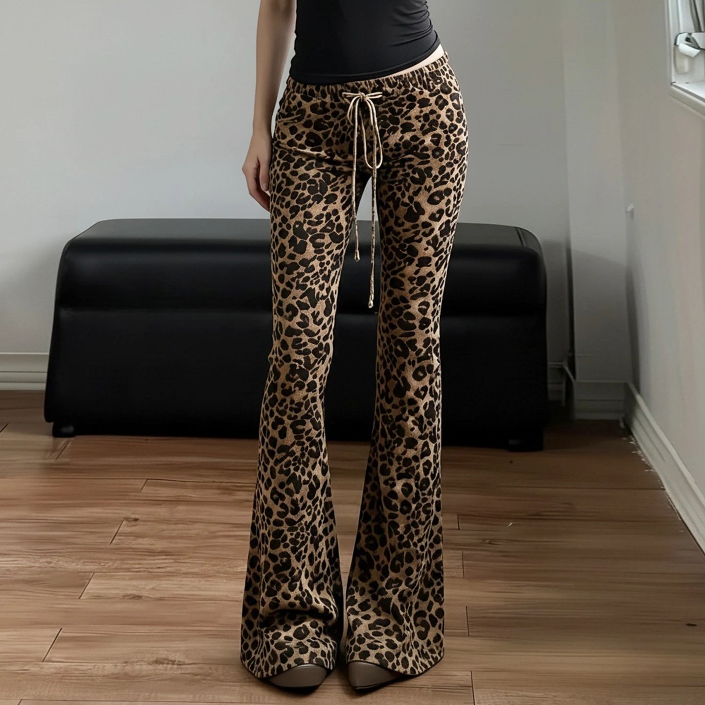 Women's High Waist Loose Flare Pants Leopard Print Lace Design - Colored Wash Flat Front Sexy Bootcut Eco - Friendly Casual - Zeprah
