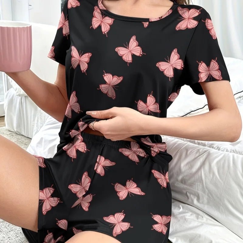 Women's Home Wear Comfortable Casual Two - Piece Pajamas Butterfly Print Short Sleeve Shorts Elastic Waist - Zeprah
