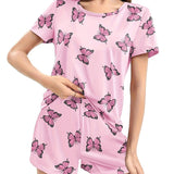 Women's Home Wear Comfortable Casual Two - Piece Pajamas Butterfly Print Short Sleeve Shorts Elastic Waist - Zeprah