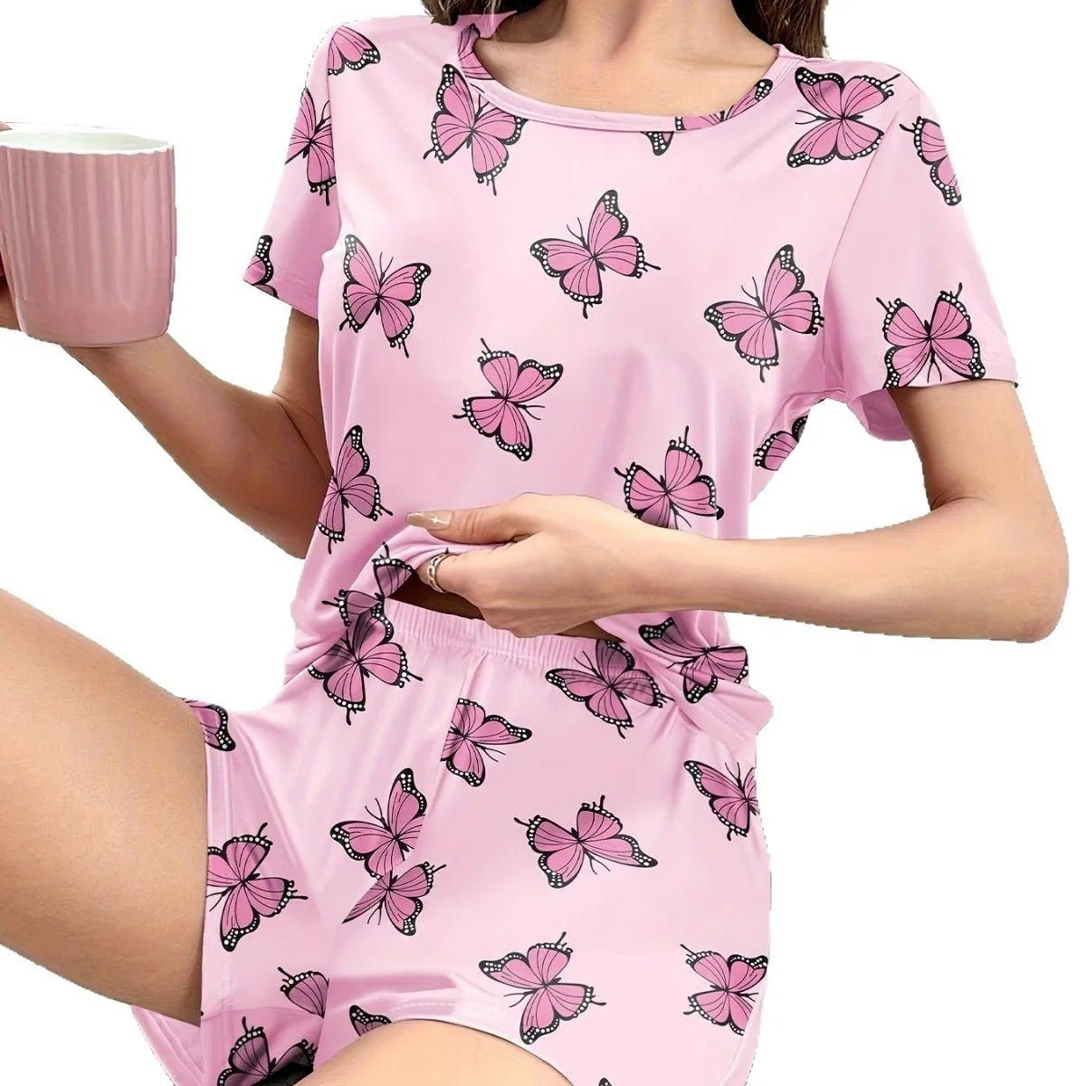 Women's Home Wear Comfortable Casual Two - Piece Pajamas Butterfly Print Short Sleeve Shorts Elastic Waist - Zeprah