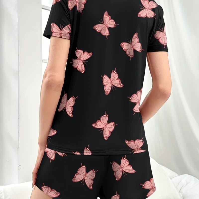 Women's Home Wear Comfortable Casual Two - Piece Pajamas Butterfly Print Short Sleeve Shorts Elastic Waist - Zeprah