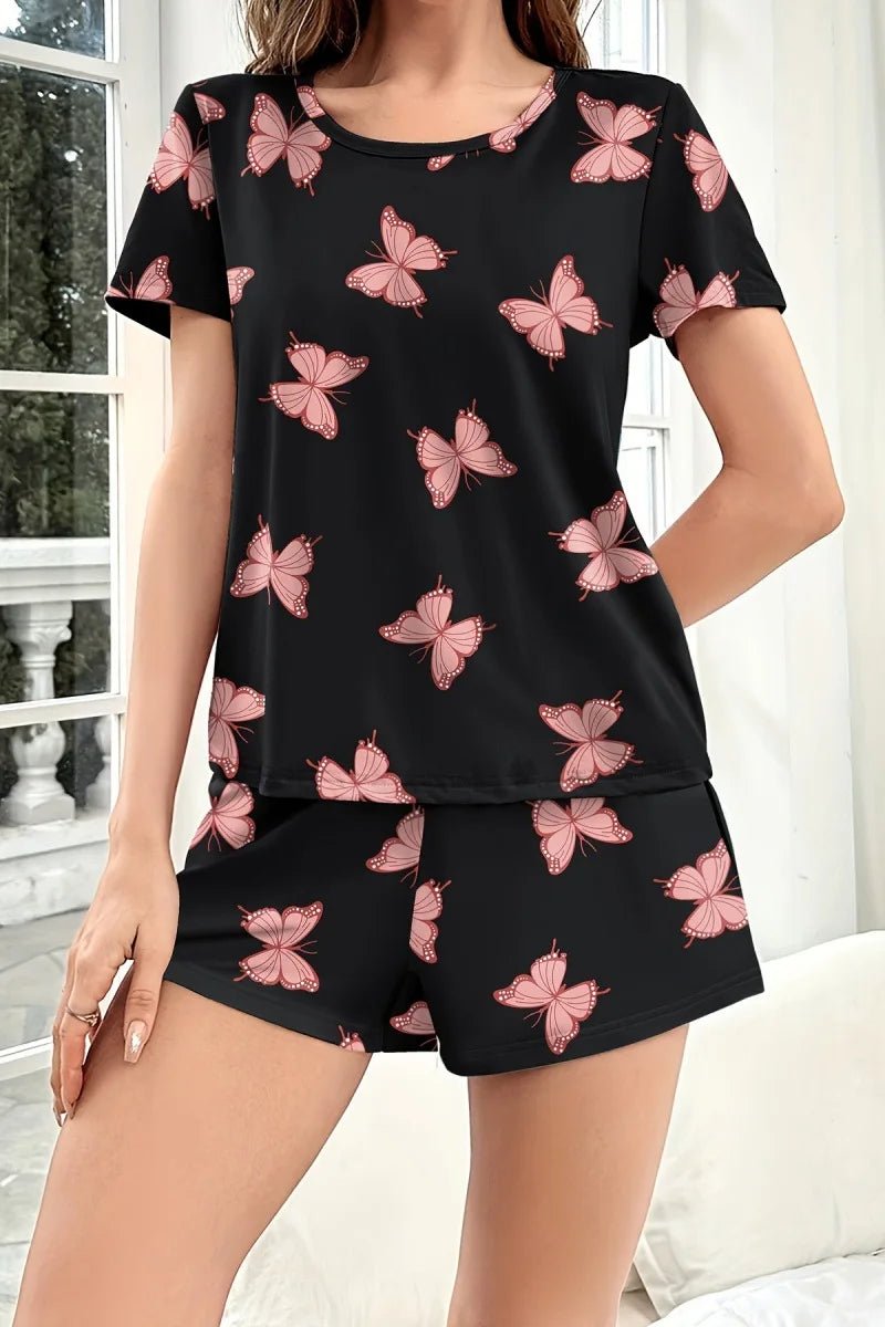 Women's Home Wear Comfortable Casual Two - Piece Pajamas Butterfly Print Short Sleeve Shorts Elastic Waist - Zeprah