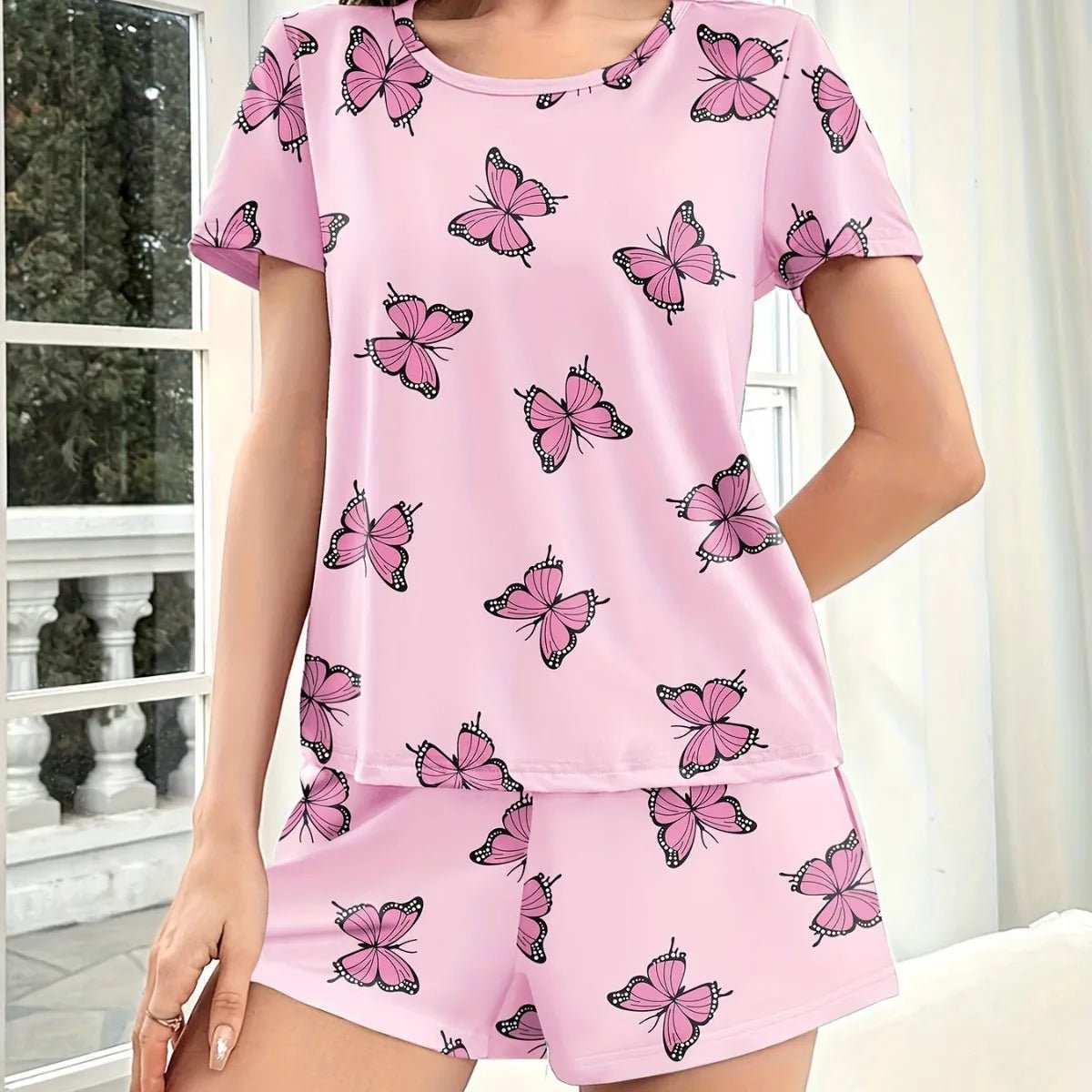 Women's Home Wear Comfortable Casual Two - Piece Pajamas Butterfly Print Short Sleeve Shorts Elastic Waist - Zeprah
