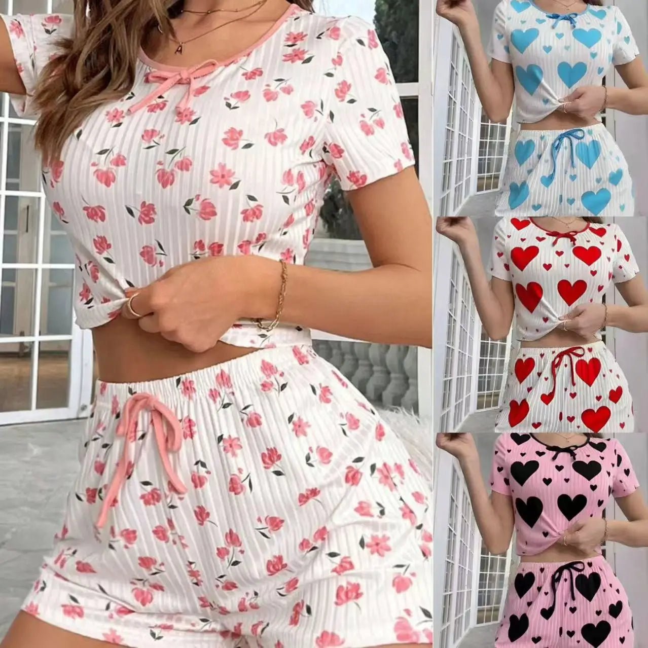 Women's Homewear Printed Camisole Shorts Drawstring Summer Casual Sexy Ribbed European American Style - Zeprah