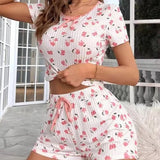 Women's Homewear Printed Camisole Shorts Drawstring Summer Casual Sexy Ribbed European American Style - Zeprah