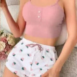 Women's Homewear Printed Spandex Camisole Shorts Casual Sexy Ribbed Wearable European American Style Spring Pajamas - Zeprah
