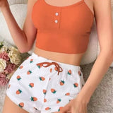 Women's Homewear Printed Spandex Camisole Shorts Casual Sexy Ribbed Wearable European American Style Spring Pajamas - Zeprah
