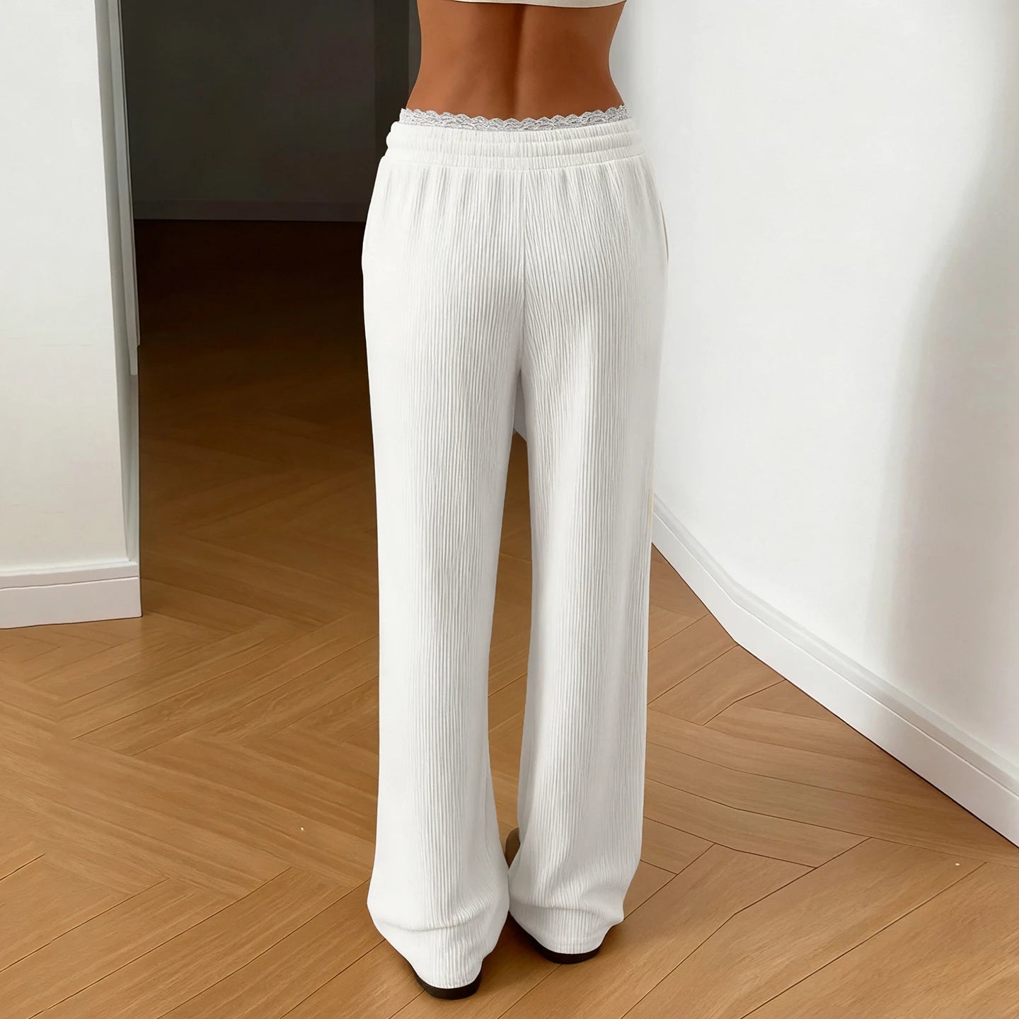 Women's Joggers, Lace Trim Wide Leg Sweatpants, Drawstring Lounge Pants - Zeprah