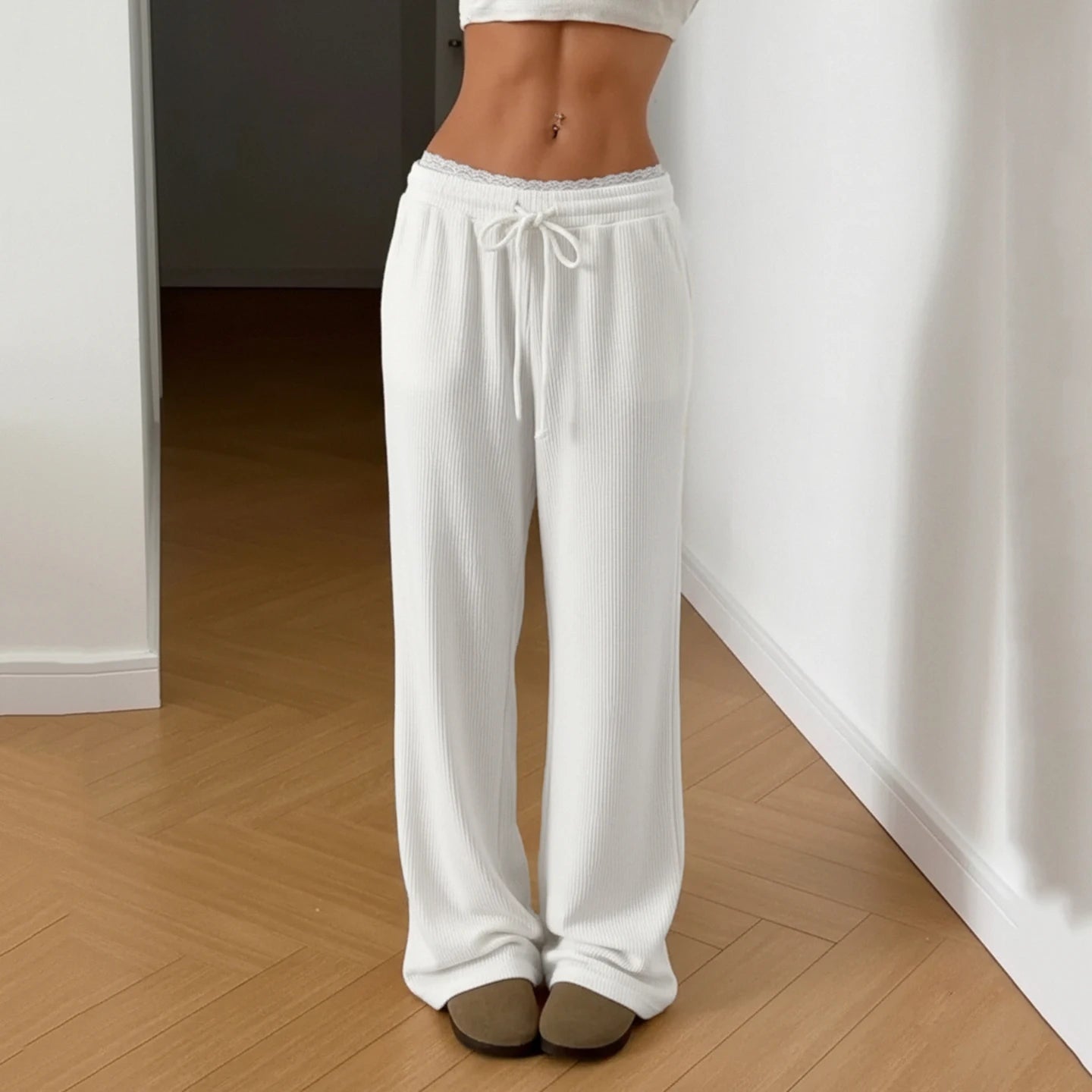 Women's Joggers, Lace Trim Wide Leg Sweatpants, Drawstring Lounge Pants - Zeprah