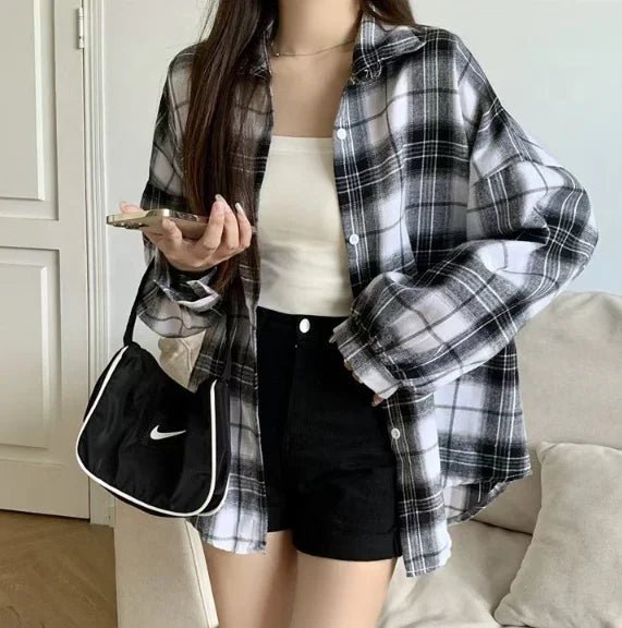 Women's Korean - Style High - End Designed French Vintage Versatile Slouchy Loose Lightweight Plaid Shirt - Zeprah