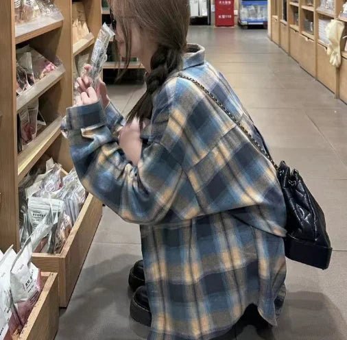 Women's Korean - Style High - End Designed French Vintage Versatile Slouchy Loose Lightweight Plaid Shirt - Zeprah