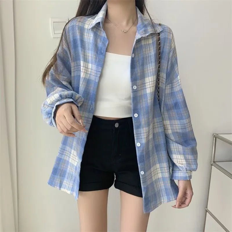 Women's Korean - Style High - End Designed French Vintage Versatile Slouchy Loose Lightweight Plaid Shirt - Zeprah
