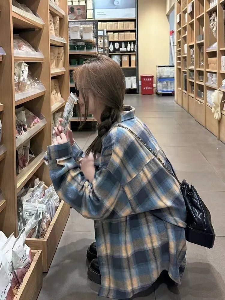 Women's Korean - Style High - End Designed French Vintage Versatile Slouchy Loose Lightweight Plaid Shirt - Zeprah