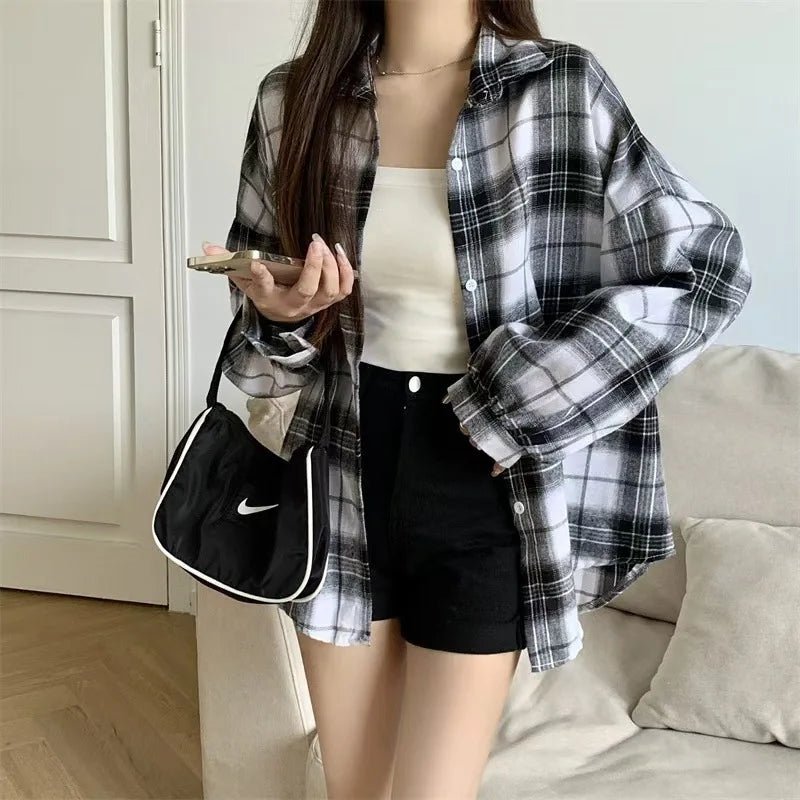Women's Korean - Style High - End Designed French Vintage Versatile Slouchy Loose Lightweight Plaid Shirt - Zeprah