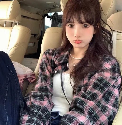 Women's Korean - Style High - End Designed French Vintage Versatile Slouchy Loose Lightweight Plaid Shirt - Zeprah