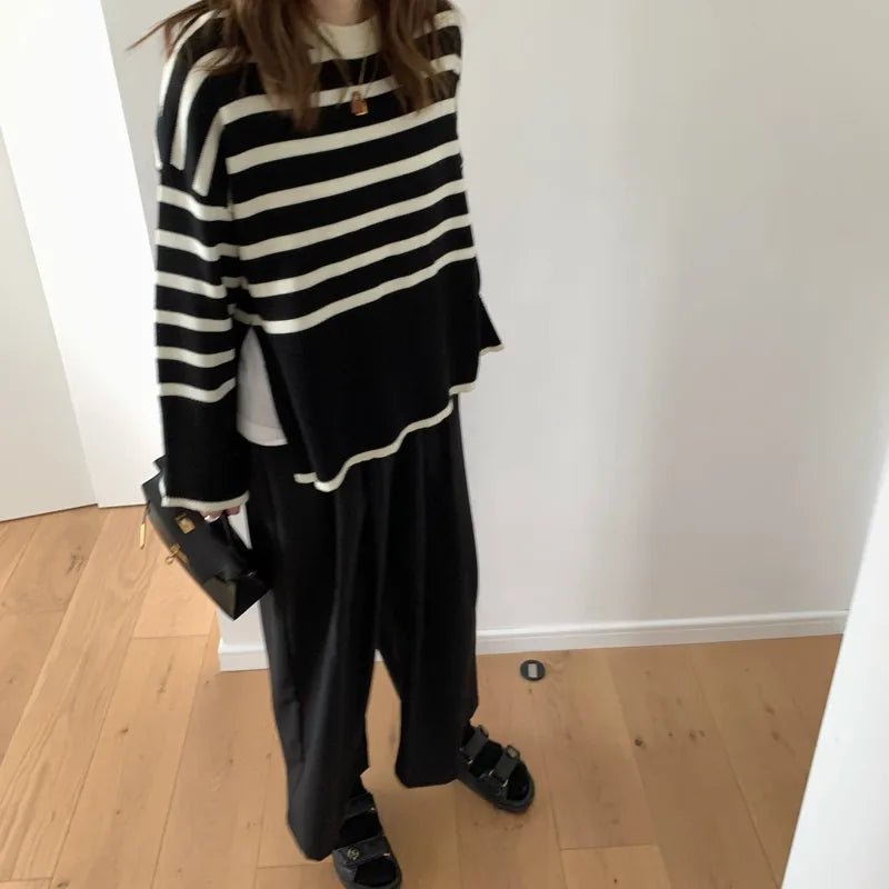 Women's Korean - Style Striped Knit Sweater 2025 Autumn & Winter New Retro Lazy Vibe - Soft Loose Pullover - Zeprah