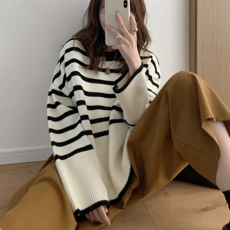 Women's Korean - Style Striped Knit Sweater 2025 Autumn & Winter New Retro Lazy Vibe - Soft Loose Pullover - Zeprah
