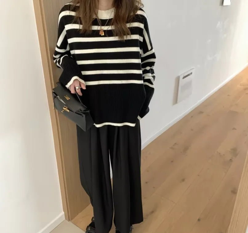 Women's Korean - Style Striped Knit Sweater 2025 Autumn & Winter New Retro Lazy Vibe - Soft Loose Pullover - Zeprah