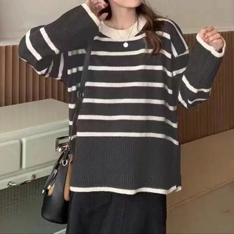 Women's Korean - Style Striped Knit Sweater 2025 Autumn & Winter New Retro Lazy Vibe - Soft Loose Pullover - Zeprah