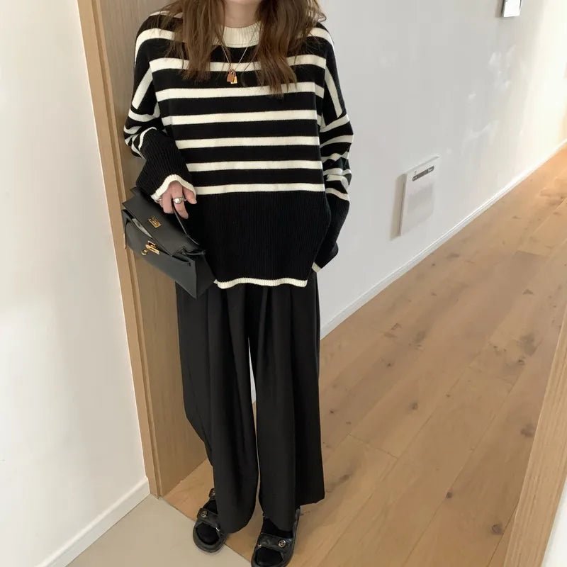 Women's Korean - Style Striped Knit Sweater 2025 Autumn & Winter New Retro Lazy Vibe - Soft Loose Pullover - Zeprah